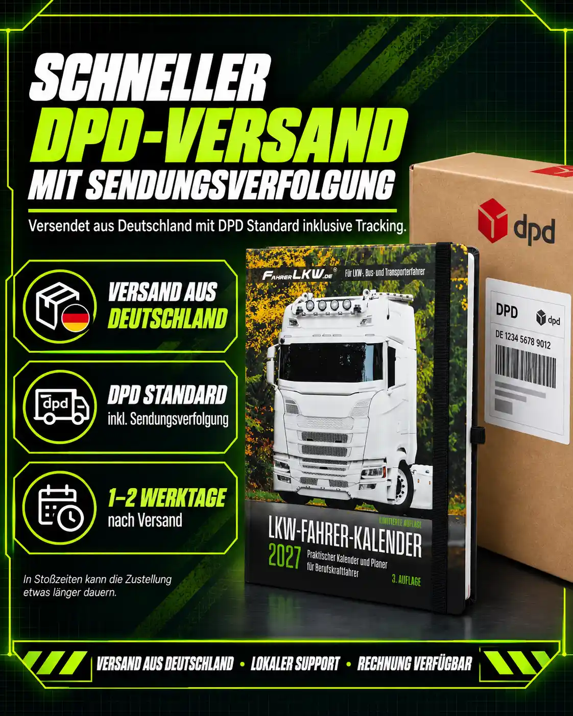Infografik zum DPD-Versand des LKW-Fahrer-Kalenders 2027 aus Deutschland mit Sendungsverfolgung und einer Regellaufzeit von 1–2 Werktagen.